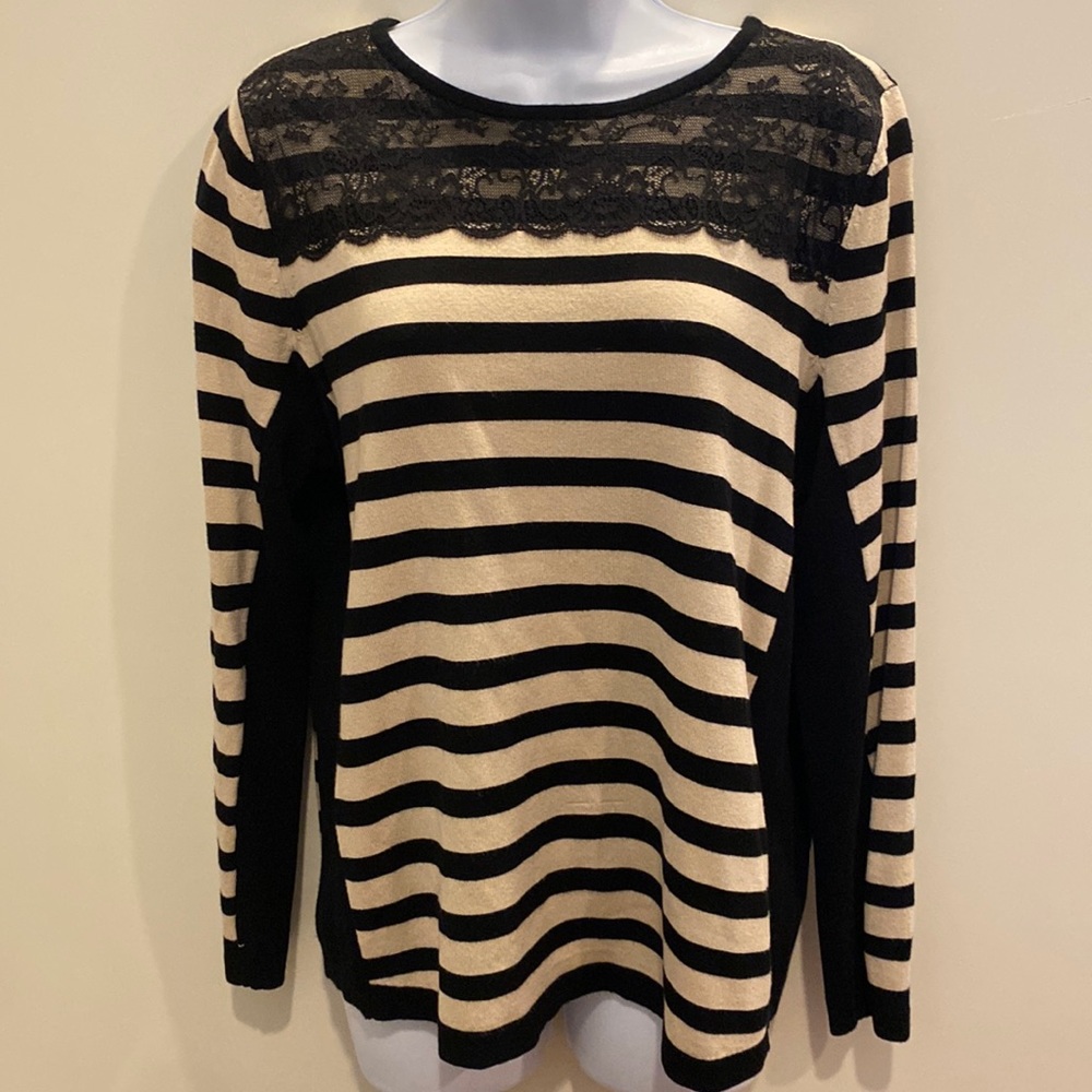 Striped beige/ black Lane Bryant 14/16 sweater w/lace garnish shoulder2shoulder